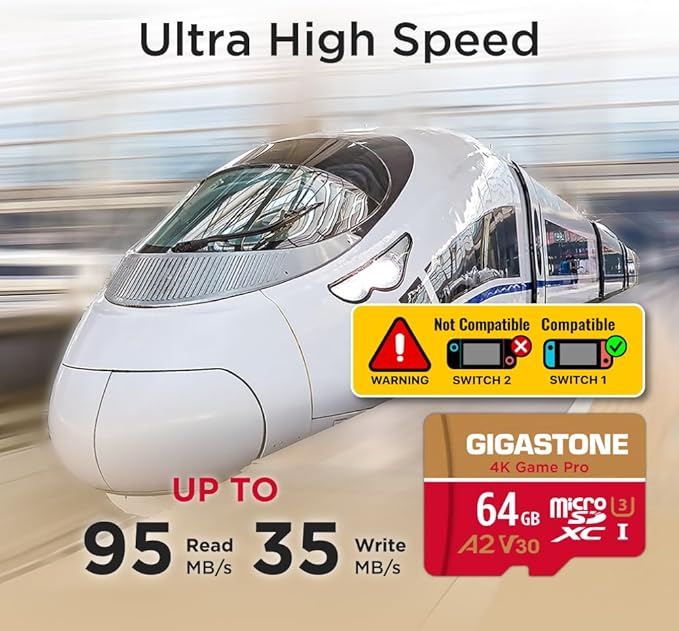 【For Switch 1 Only】GIGASTONE 64GB Micro SD Card, 4K Game Pro, MicroSDXC Memory Card for Gaming Console, Security Camera, UHD Video, up to 95/35MB/s, UHS-I U3 A2 V30 【5-Years Data Recovery】