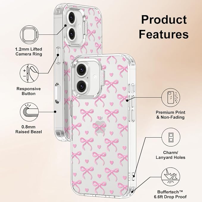 MOSNOVO Case for iPhone 16, [Buffertech 6.6ft Military-Grade Drop Protection] [Anti Peel Off Tech] Clear TPU Bumper Phone Case Cover Design - Bowtiful Love