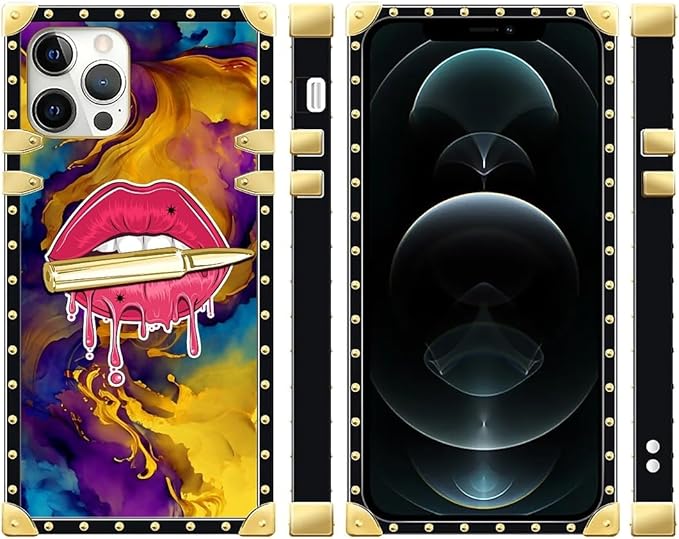 Compatible with iPhone 12 12 Pro Case, Cool Corlorful Lip Marble Luxury Golden Decoration for Girl Women Soft TPU Shockproof Protective Hard PC Back for iPhone 12 12 Pro