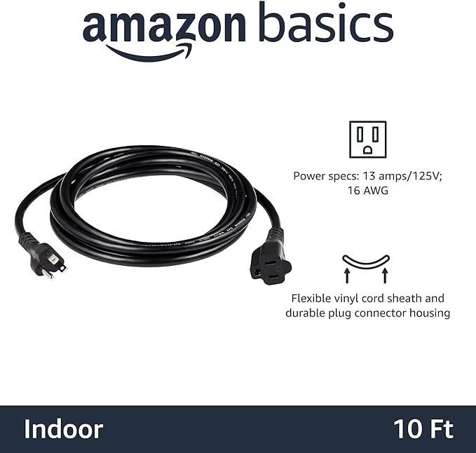 Amazon Basics Extension Cord, 10 Ft, 3-Prong Outlet Extender, Indoor, 13 Amps, 125V, Black, 2-Pack