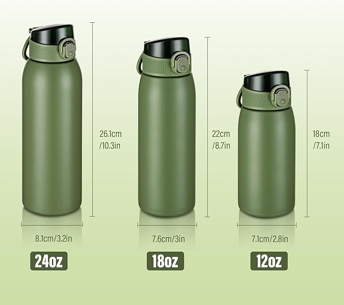 Insulated Water Bottle 18 oz with Dustproof Lid, Carry Handle & Tea Infuser, BPA-Free & Leakproof, Stainless Steel Water Bottles Ideal for Fitness, Hiking, Office & Outdoor Use （Olive Green ）