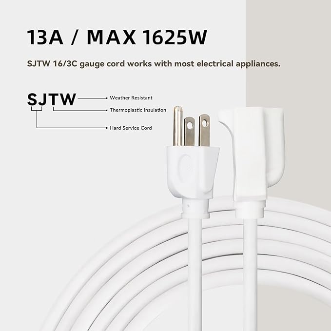 12ft Outdoor Extension Cord - 16/3 Heavy Duty SJTW Waterproof White Electrical Cable with 3 Prong Grounded Plug for Safety, Great for Lawn and Major Appliances