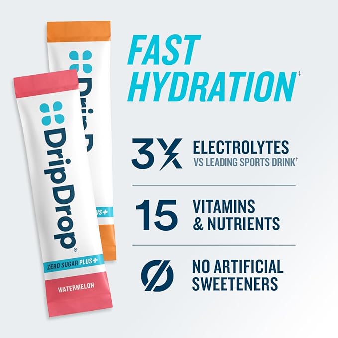 DripDrop Zero Sugar Plus - Sugar Free Hydration Packets - Single Serve Electrolytes Powder Drink Mix - Raspberry Lemonade, Watermelon, Tangerine, Tropical Punch - Non-GMO, Vegan- 8 Sticks