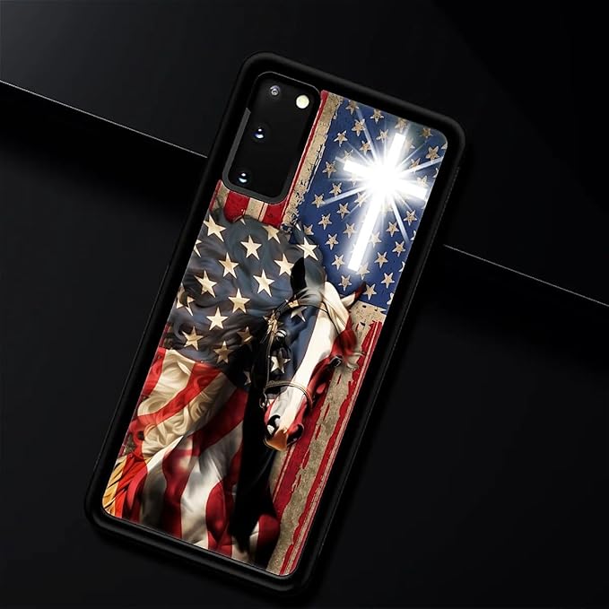 for Samsung Galaxy S20 Case, Red American Flag Horse Cross Pattern Graphic Design Girl Boy Soft Silicone Hard Acrylic Shock Protection for Samsung Galaxy S20
