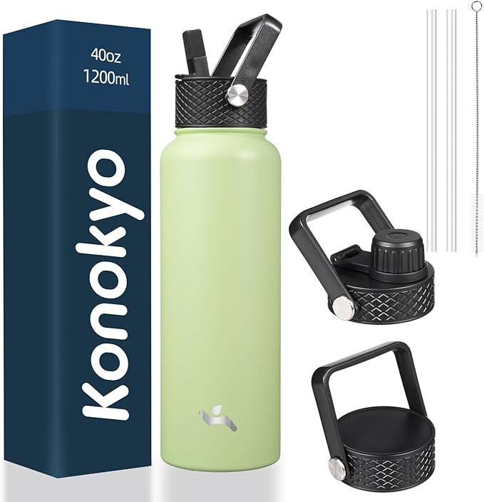 Konokyo 40oz Insulated Water Bottle Stainless Steel Sport Bottles with 3 Lids,Macaron Green