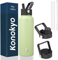 Konokyo 40oz Insulated Water Bottle Stainless Steel Sport Bottles with 3 Lids,Macaron Green
