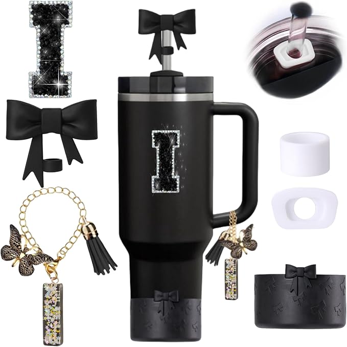 6pcs Black Stanley Cup Accessories Set, Bow Straw Topper for Stanley Cup 30oz 40oz, Including Straw Topper and Bow Silicone Boot, Stoppers Spill Proof, Handle Charm, Initials Sticker