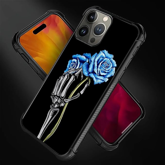for iPhone 15 Pro Case, Skeleton Holding Blue Rose Pattern Graphic Design Girl Boy Soft Silicone Hard Acrylic Shock Protection for iPhone 15 Pro