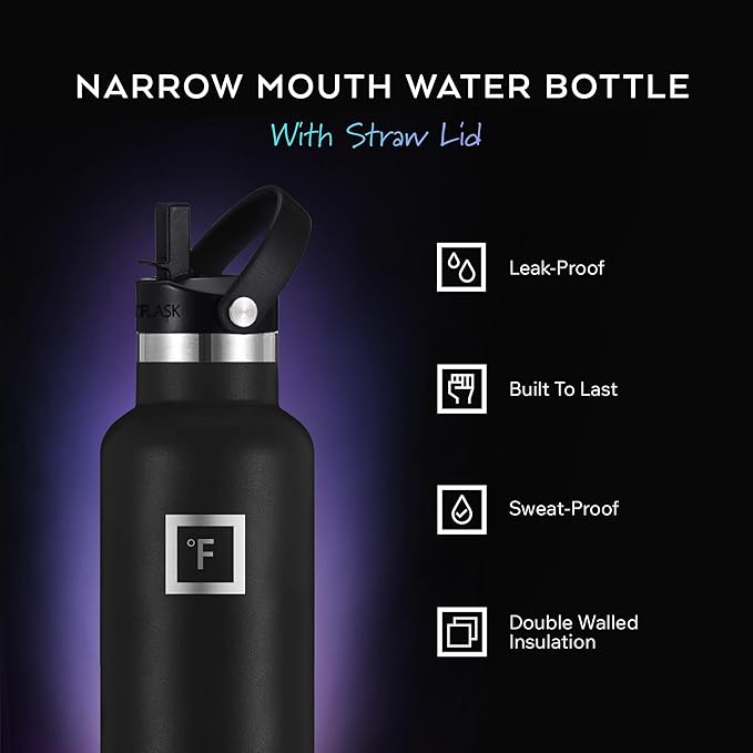 IRON °FLASK Camping & Hiking Hydration Flask with Straw, Narrow Mouth Insulated Stainless Steel Sports Water Bottle - Day & Night 24 oz - Straw (1 Lid)