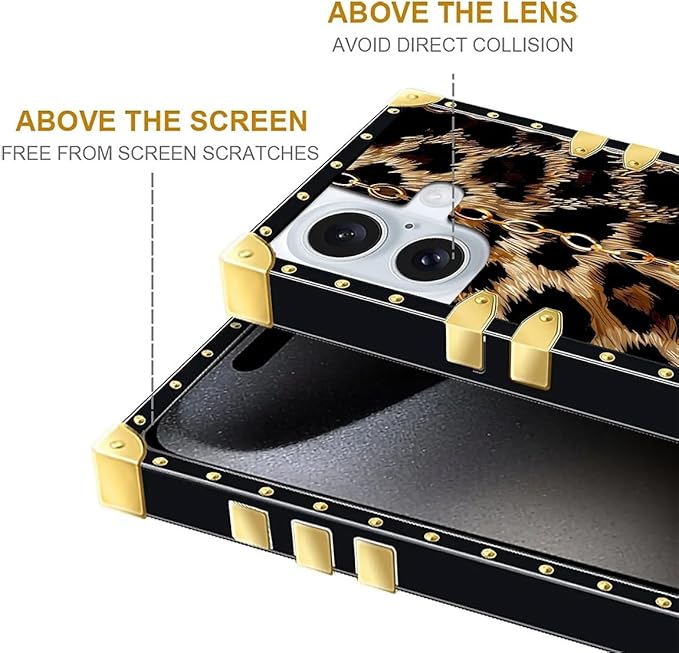 Compatible with iPhone 16 Case, Seamless Gold Chain Leopard Luxury Golden Decoration for Girl Women Soft TPU Shockproof Protective Hard PC Back