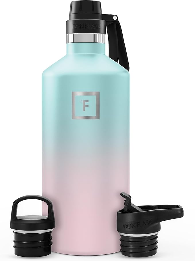 IRON °FLASK Camping & Hiking Hydration Flask with Spout, BPA-Free Insulated Stainless Steel Sports Water Bottle - 64 oz Bubble Gum