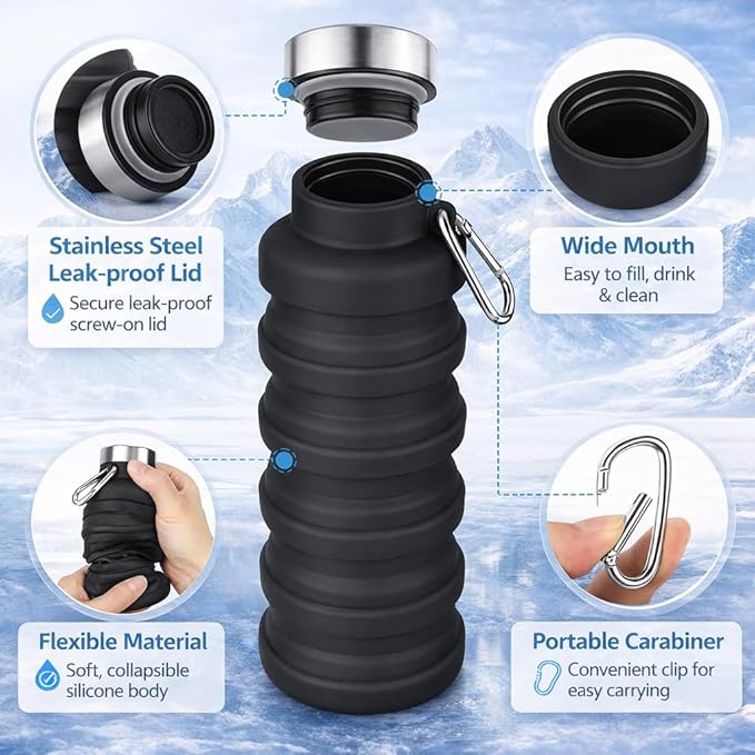 Collapsible Water Bottles,16oz Capacity Portable Reusable Silicone Water Bottle,Leak-proof,with buckle,foldable storage,Lightweight Durable for Fitness,Cycling,Sports,Camping,Hiking (Deep Black)