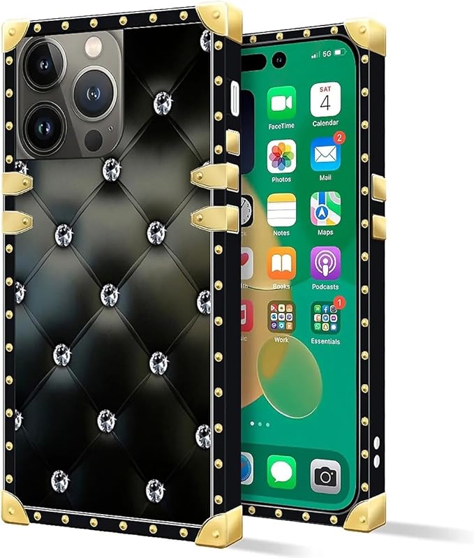 Compatible with iPhone 14 Pro Case, Shiny Black Sofa Crystal Luxury Golden Decoration for Girl Women Soft TPU Shockproof Protective Hard PC Back for iPhone 14 Pro