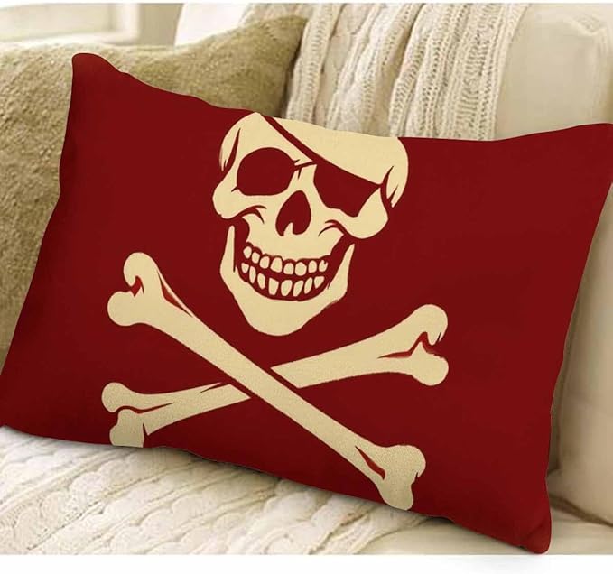 EKOBLA Red Skull Rectangle Pillow Covers One Eyed Creepy Pirate Skeleton Crossbones Retro Smile Rustic Waist Rectangle Throw Pillow Case Cotton Linen for Men Women Sofa Home Decoration 12x20 Inches