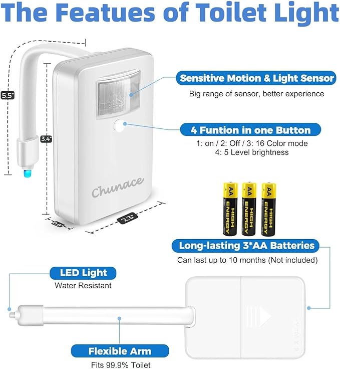 Chunace 3 Pack Toilet Night Lights with Motion Activated Sensor, 16 Colors LED Nightlight Inside Bowl, Cool Stuff for Bathroom Accessories Decor, Unique & Funny Housewarming Gadgets for Men/Kids 2025