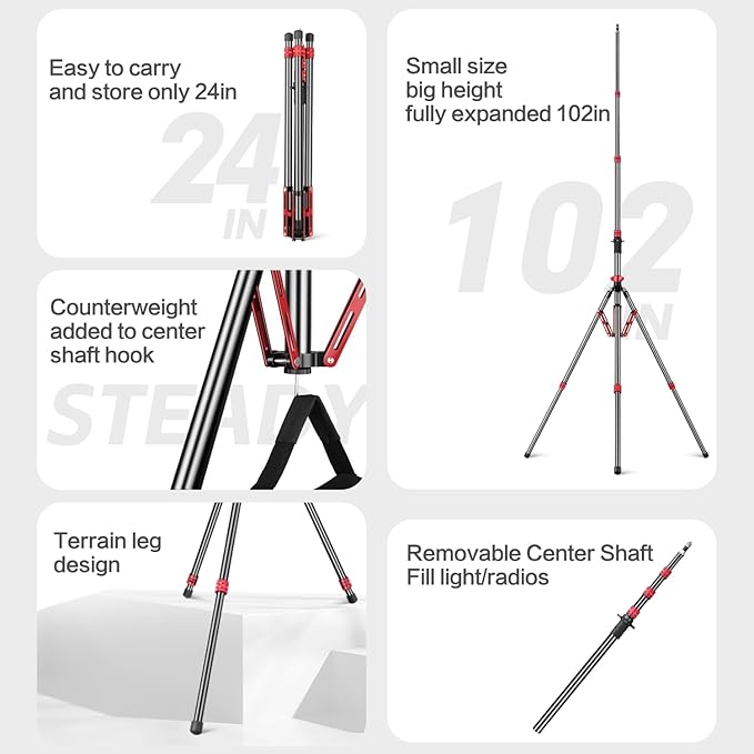 FreeSea Light Stand Aluminum, Adjustable Tripod Stand for Photography, 260cm/102inch Studio Sturdy Tripod for Speedlite Flash Softbox Strobe Light Camera with Carrying Bag