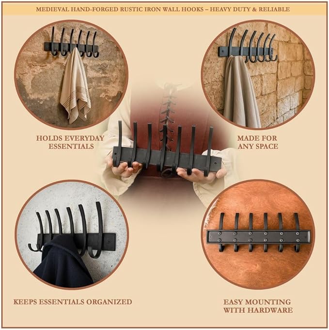 Mystic Colonial Rustic Cast Iron Wall Rack with 6 Blackened Hooks � Heavy Duty Vintage Utility Hanger for Coats, Towels, Hats & Bags � Size: 32.5?cm ? 14.4?cm, Mounting Hardware Included