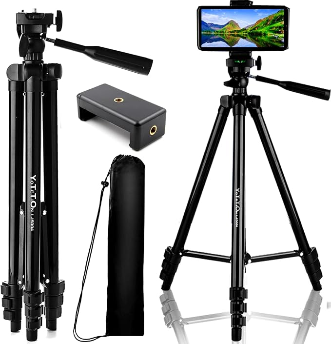 55" Aluminum Phone & Camera Tripod, Extendable Cell Phone Tripod Stand Compatible with iPhone/Android/Action Camera is Perfect for Live Streaming/Video Recording/Selfies