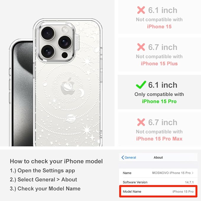MOSNOVO Case for iPhone 15 Pro, [Buffertech 6.6ft Military-Grade Drop Protection] [Anti Peel Off Tech] Clear TPU Bumper Phone Case Cover Design - Galaxy