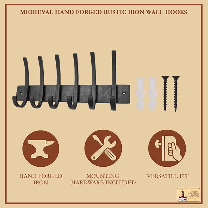 Mystic Colonial Rustic Cast Iron Wall Rack with 6 Blackened Hooks � Heavy Duty Vintage Utility Hanger for Coats, Towels, Hats & Bags � Size: 32.5?cm ? 14.4?cm, Mounting Hardware Included