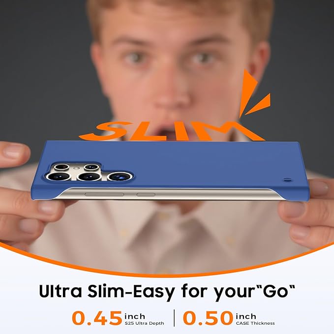 GRECAZO Slim Borderless for Samsung Galaxy S25 Ultra Phone Case 6.9"(2025) Ultra-Thin Lightweight Frameless Matte Hard PC Cover Case with Pull Ring Minimalist Non Slip Rope-Blue