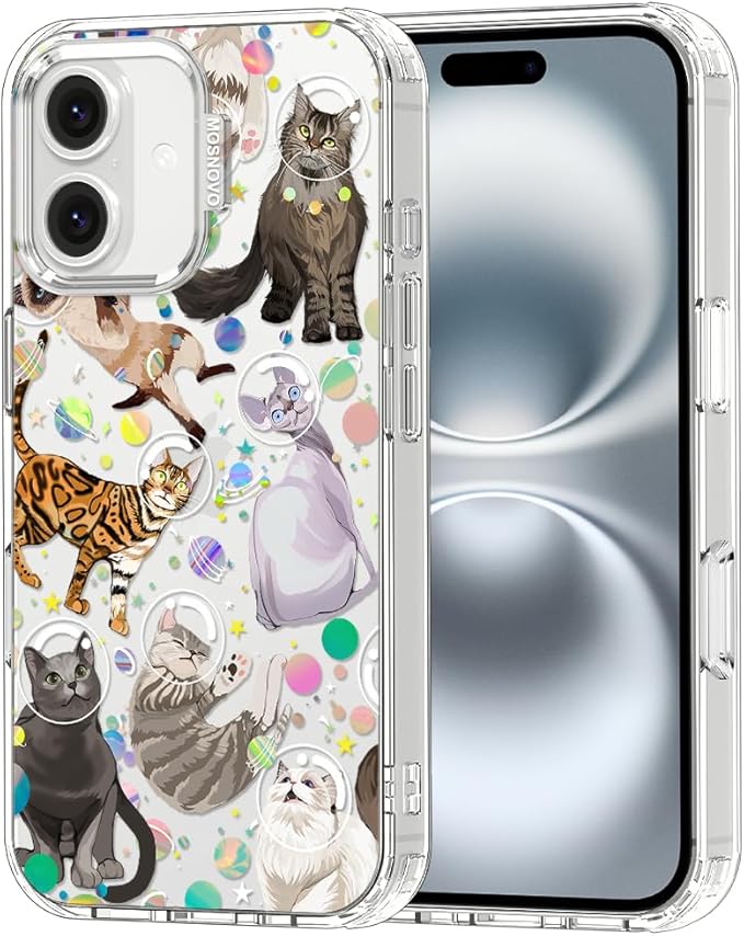 MOSNOVO Case for iPhone 16 Plus, [Buffertech 6.6ft Military-Grade Drop Protection] [Anti Peel Off Tech] Clear TPU Bumper Phone Case Cover Design - Space Cat