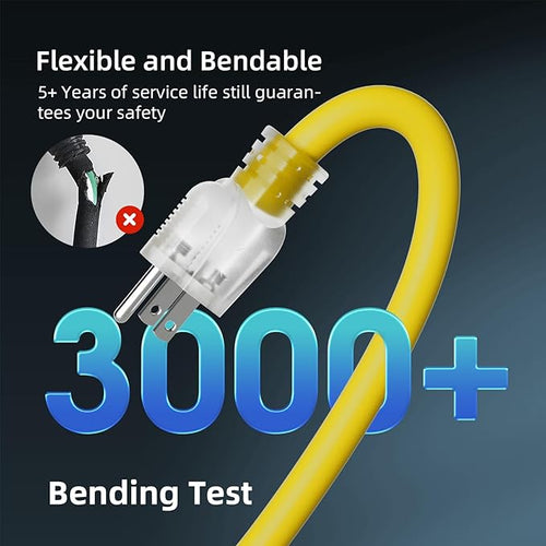 12 Gauge Outdoor Extension Cord 25 FT Waterproof, 3 Prong Plug, SJTW Heavy Duty 15A 1875W, Yellow Extension Cable with Lighted end for Commercial Use and Major Appliances, ETL Listed