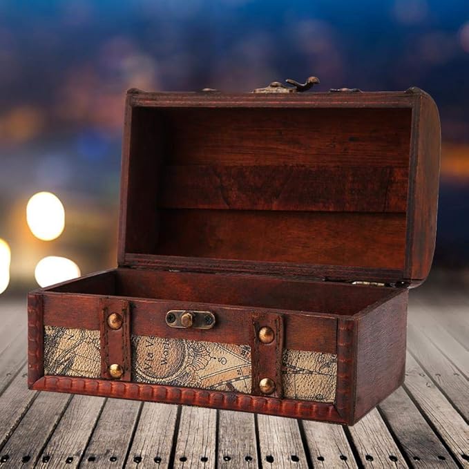 Hilitand Pirate Treasure Chest Vintage Handmade Decorative Wooden Box Trinket Jewelry Storage Case Home Decoration(Map)
