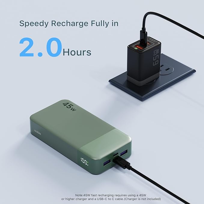 NOBIS Portable Charger, 20000mAh Power Bank, 45W Power Bank Fast Charging, Battery Pack with C to C Cable, Battery Bank with Digital Display for iPhone Android Laptop etc(Green)