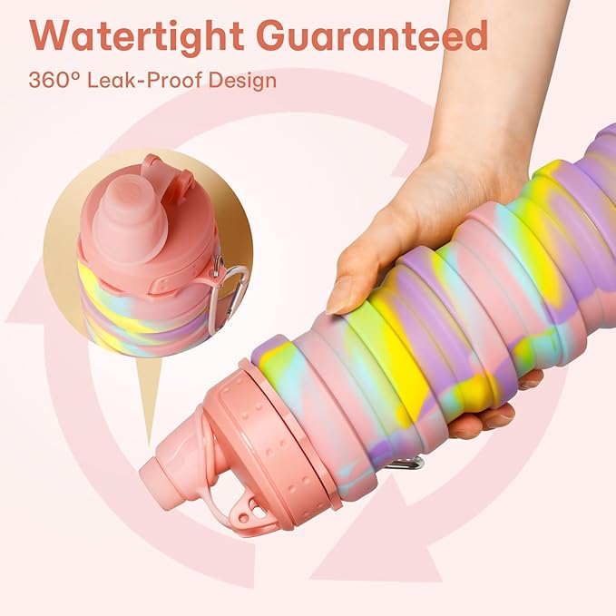 Collapsible Water Bottles for Travel, Foldable Sports Water Bottle for Kids, Reusable Water-proof Silicone Water Bottles with mountaineering Buckle for Camping Hiking Holiday