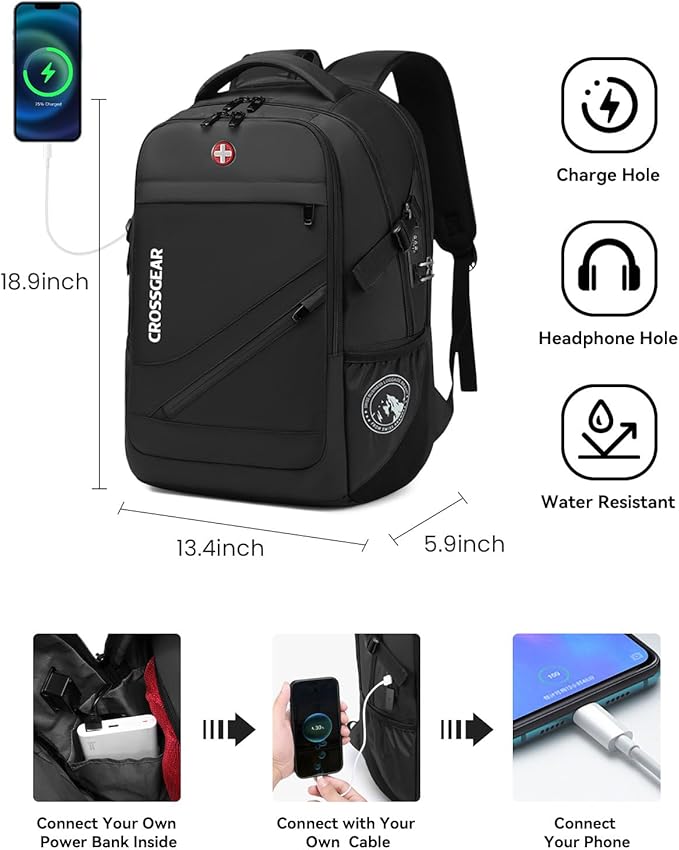 CROSSGEAR Travel Laptop Backpack Anti Theft Fits 17.3 Inch Laptop with USB-A Type C Port, Laptop Backpacks Personal Item Bag, Water Resistant Work Computer Bag for Women Men Flight Approved Black