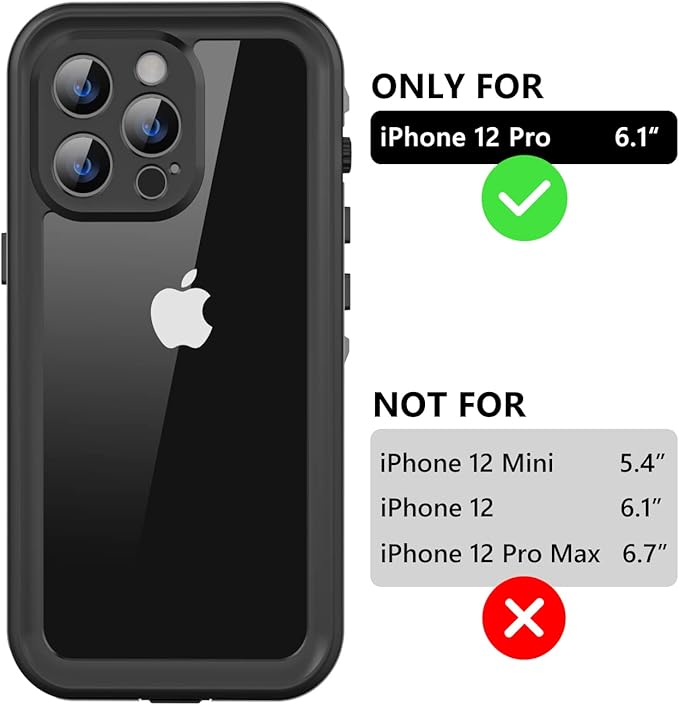 Protebox for iPhone 12 Pro Waterproof Case with Built-in Screen Protector, Shockproof Dustproof Full Body Protective IP68 Waterproof Phone Case for iPhone 12 Pro 6.1 inch (Black/Clear)