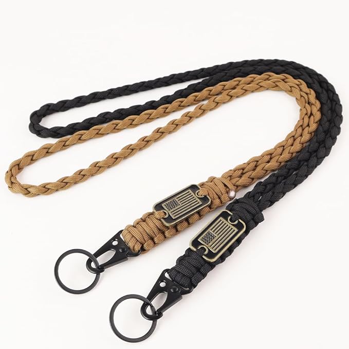 2pcs Heavy Duty Braided Paracord Lanyard Keychains with USA Flag, Parachute Rope Necklace for Outdoor Activities