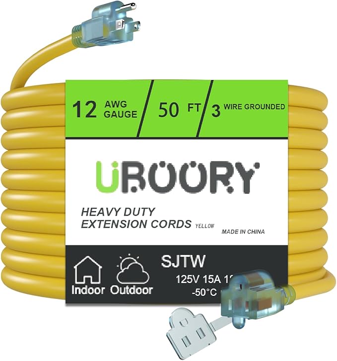 Outdoor Extension Cord Waterproof 50 FT, Yellow 12/3 SJTW Heavy Duty, Flexible 100% Copper 3 Prong Extension Cord for Lawn, Garage,UL Listed