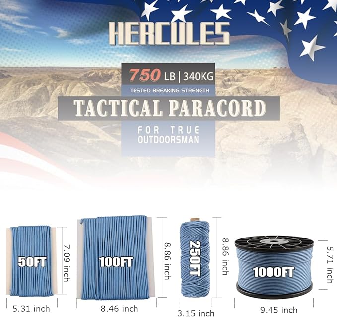 HERCULES 750lb Paracord 4mm 11 Strands Tactical Parachute Cord, 50' 100' 250' 1000' Utility Rope for Camping, Survival, Outdoor Gear (Blue Grey, 50FT)