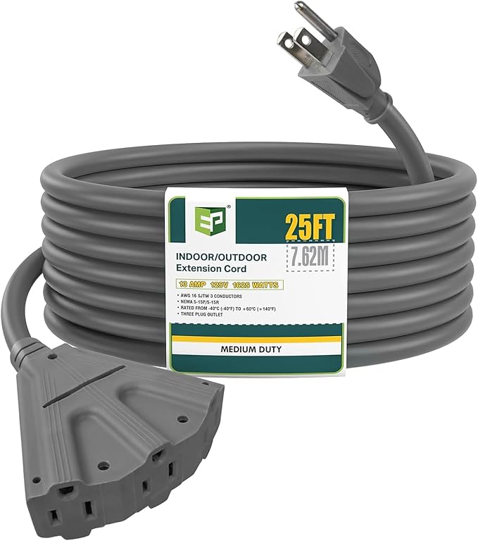 EP 25 Ft Outdoor Extension Cord with 3 Electrical Power Outlets - 16/3 SJTW Grey Cable with 3 Prong Grounded Plug for Safety Great for Christmas Lights, Garden and Major Appliances