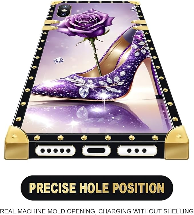 Compatible with iPhone XR Case, High Heeled Purple Diamond Rose Luxury Golden Decoration for Girl Women Soft TPU Shockproof Protective Hard PC Back for iPhone XR