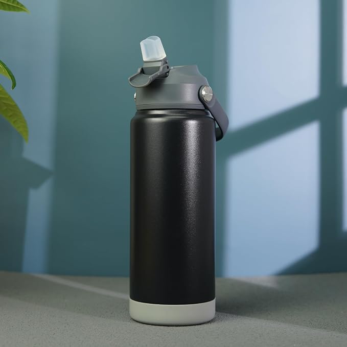 BJPKPK Water Bottle with Straw Lid, 24oz Vacuum Insulated Water Bottles, Metal Stainless Steel Thermo for Sports, Travel, BPA Free Leak Proof Thermo, Cups, Flasks, Tumblers,Black