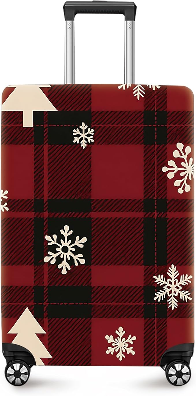 ANNA QUEEN Christmas Plaid Luggage Cover, Red and Black Check Suitcase Protector with Snowflake and Tree Pattern, Stretchable Washable Travel Sleeve for 20-22 Inch Luggage