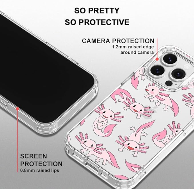 MOSNOVO Case for iPhone 16 Pro, [Buffertech 6.6ft Military-Grade Drop Protection] [Anti Peel Off Tech] Clear TPU Bumper Phone Case Cover Design - Pink Axolotl