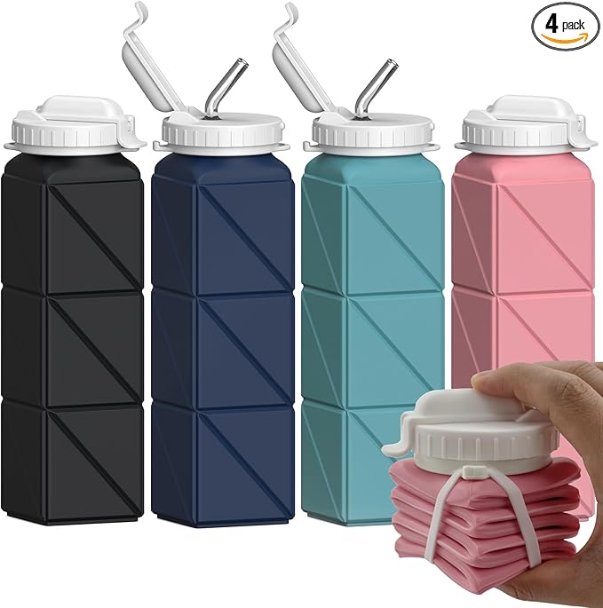 BEAUTAIL Collapsible Water Bottles with Straw 20.6oz, Silicone Foldable Portable Water Bottle, BPA-Free, Leakproof Reusable for Travel Camping Hiking Sports, 4 Pack (Black+Dark Blue+Blue+Pink)