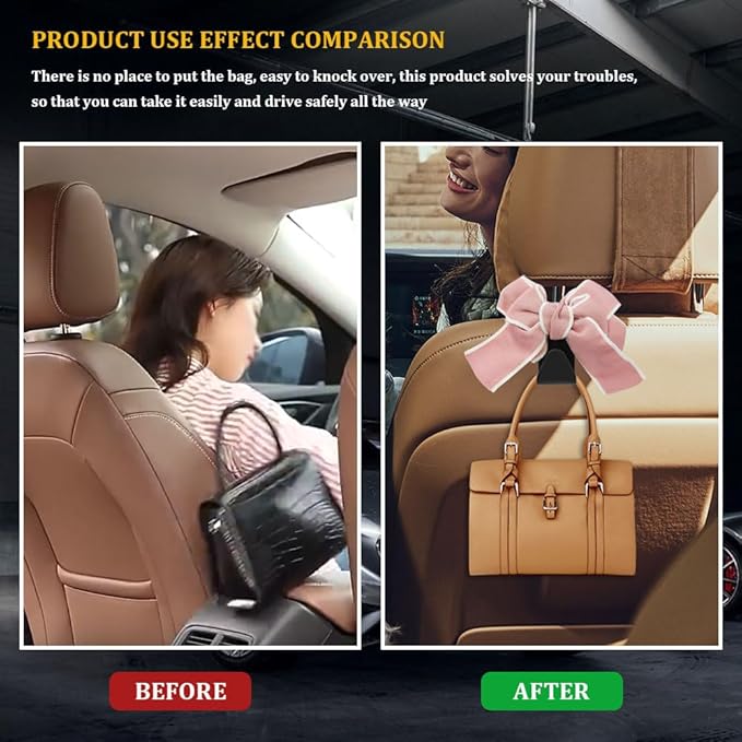 2PCS Car Hooks for Purses and Bags, Cute Bow Car Seat Headrest Hook, Car Accessories Multipurpose Back Seat Hanger Storage Organize Universal for Vehicles (2PCS-Pink Bowknot)