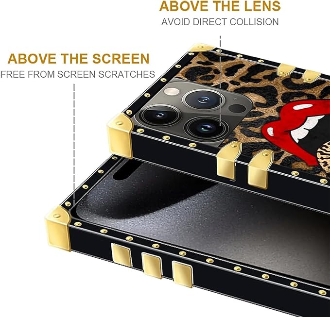 Compatible with iPhone 16 Pro Max Case, Brown Leopard Print Mouth Luxury Golden Decoration for Girl Women Soft TPU Shockproof Protective Hard PC Back for iPhone 16 Pro Max