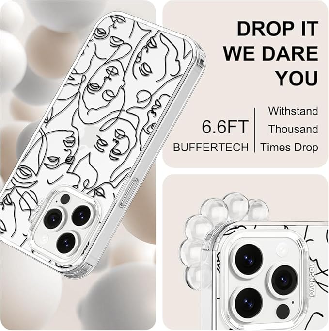 MOSNOVO Case for iPhone 14 Pro Max, [Buffertech 6.6ft Military-Grade Drop Protection] [Anti Peel Off Tech] Clear TPU Bumper Phone Case Cover Design - Abstract Face Line Art