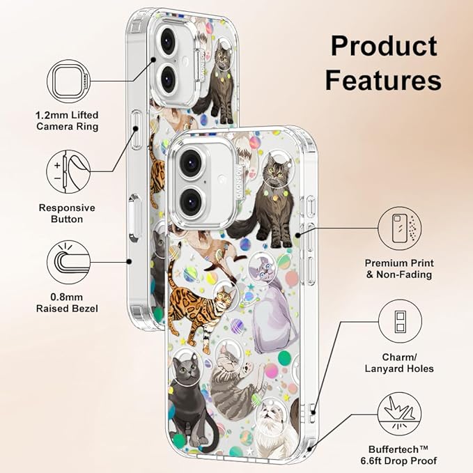 MOSNOVO Case for iPhone 16, [Buffertech 6.6ft Military-Grade Drop Protection] [Anti Peel Off Tech] Clear TPU Bumper Phone Case Cover Design - Space Cat