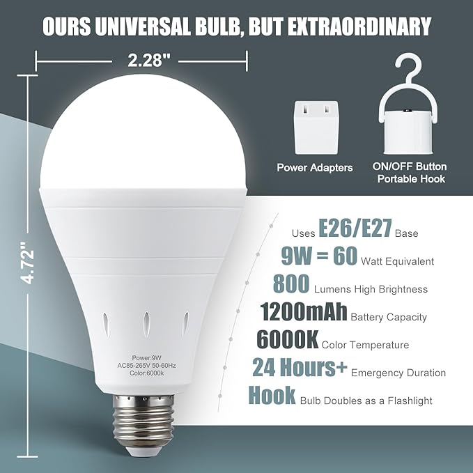 6Pack Rechargeable Emergency Light Bulb, A19 9W Daylight 6000K Self-Charging LED Light Bulb,1200mAh Battery Backup Light Bulbs for Daily,Home Emergency,Outdoor Portable Use