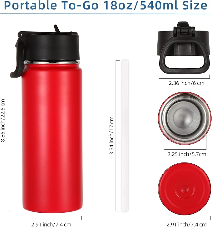 Volhoply 18oz Insulated Water Bottle Bulk 8 Pack,Kids Stainless Steel Water Bottles with Straw,Double Wall Vacuum Metal Water Bottle,Wide Mouth Reusable Sport Flask For Cold Drink(Red,8 Set)