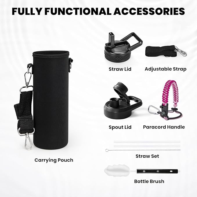 RAYMYLO Insulated Water Bottle 24oz, Triple Wall Vacuum Stainless Steel (Cold for 24Hrs, Hot for 12Hrs), Leak Proof & Non-BPA, 24oz Hydro Water Flask with Paracord Handle & Straw Spout Lids