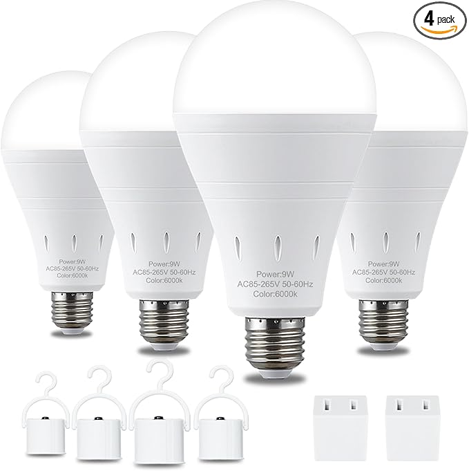 DEBAOBULB 4 Pack Rechargeable Emergency Light Bulbs, Battery Powered LED Light Bulb 6000K Daylight E26 120 Volt 9W 60W Equivalent with 1200mAh for Home Power Outage Camping Hurricane