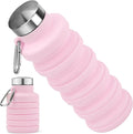 Collapsible Water Bottle, 16oz Portable Reusable Silicone Water Bottle, BPA-Free Leak-Proof Foldable Design with Carabiner, Lightweight Durable for Gym, Travel, Camping, Hiking, Sports, Light Pink